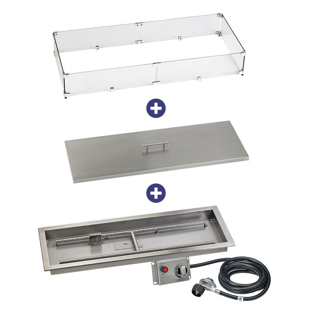 American Fire Glass 36" x 12" Rectangular Stainless Steel Drop-in Fire Pit Pan With Electric Ignition System kit, CSA Certified - Bundle