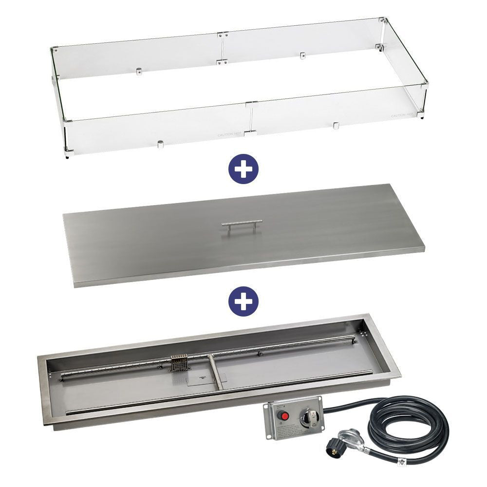 American Fire Glass 48" x 14" Rectangular Stainless Steel Drop-in Fire Pit Pan With Electric Ignition System kit, CSA Certified - Bundle