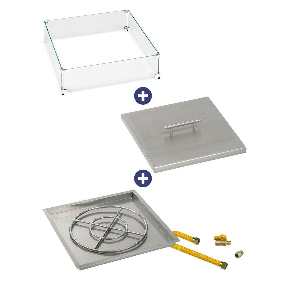 American Fire Glass 30" Square Drop-In Pan with Match Light Kit (24" Fire Pit Ring) - Natural Gas Bundle