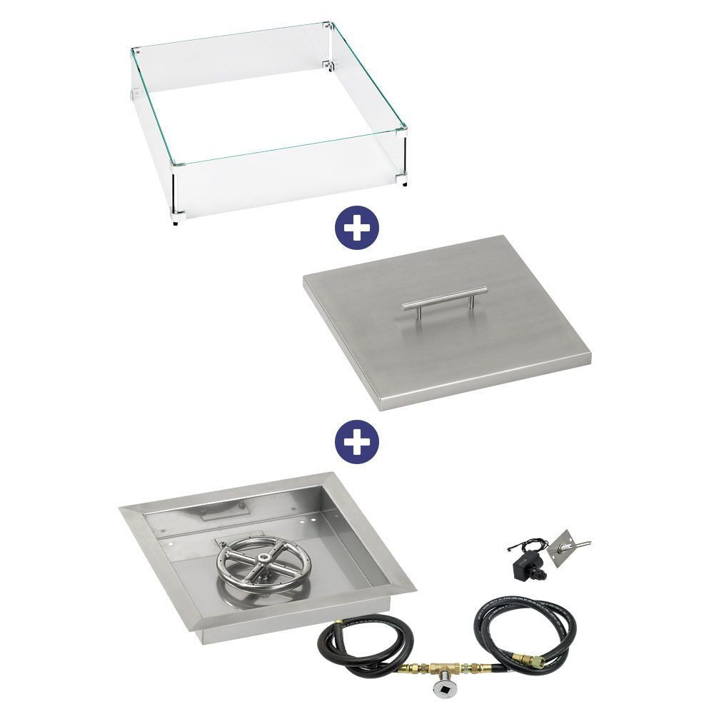 American Fire Glass 12" Square Drop-In Pan with Spark Ignition Kit (6" Fire Pit Ring) - Bundle