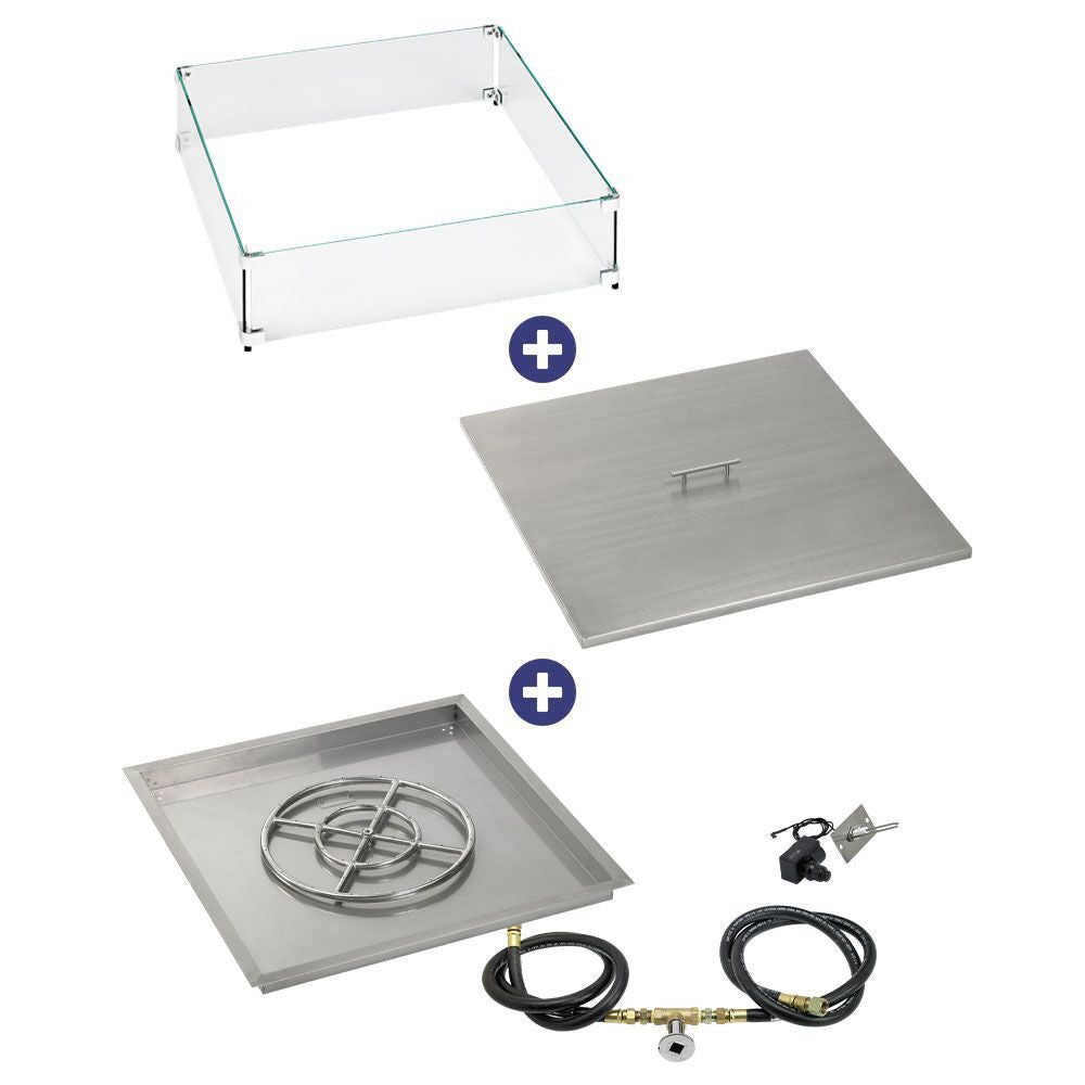 American Fire Glass 30" Square Drop-In Pan with Spark Ignition Kit (18" Fire Pit Ring) - Bundle
