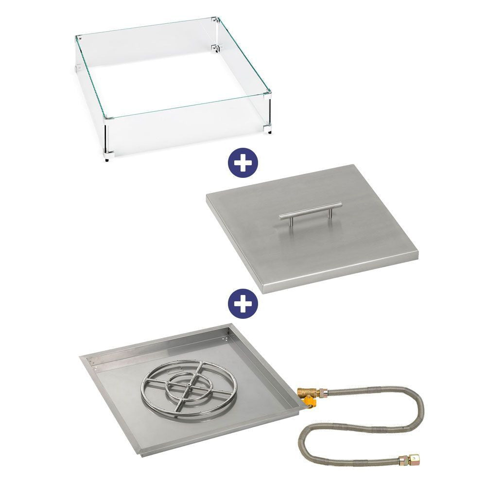 American Fire Glass 30" Square Drop-In Pan with Match Light Kit (18" Fire Pit Ring) - Bundle