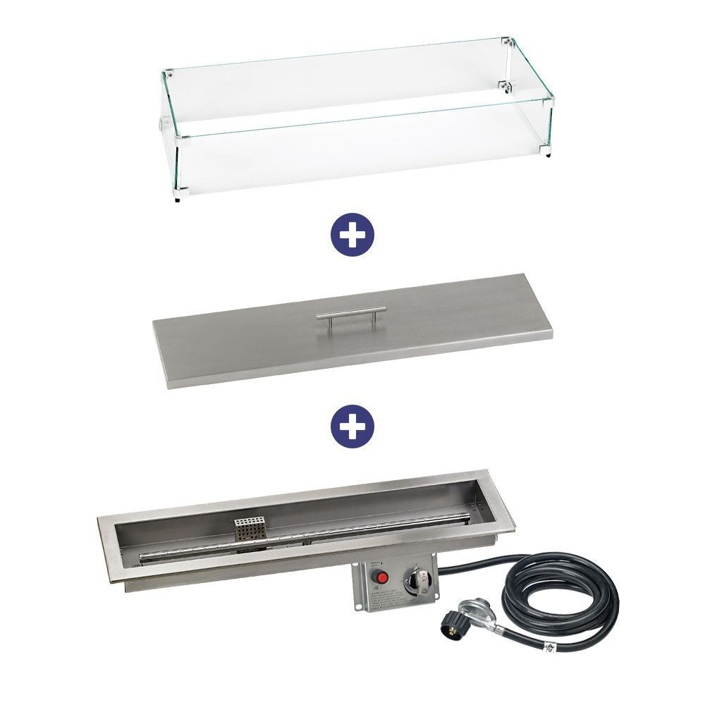 American Fire Glass 30" x 6" Linear Stainless Steel Drop-in Fire Pit Pan With Electric Ignition System kit, CSA Certified - Bundle