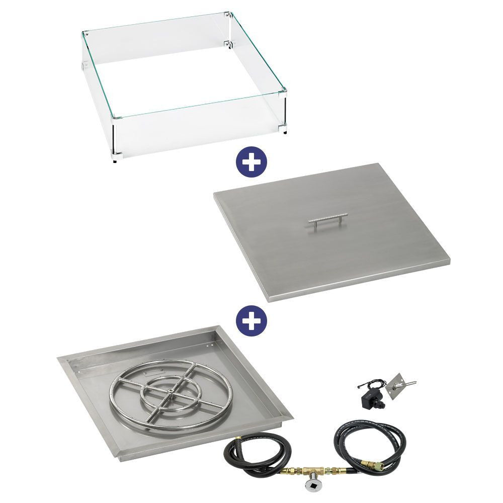 American Fire Glass 24" Square Drop-In Pan with Spark Ignition Kit (18" Fire Pit Ring) - Bundle
