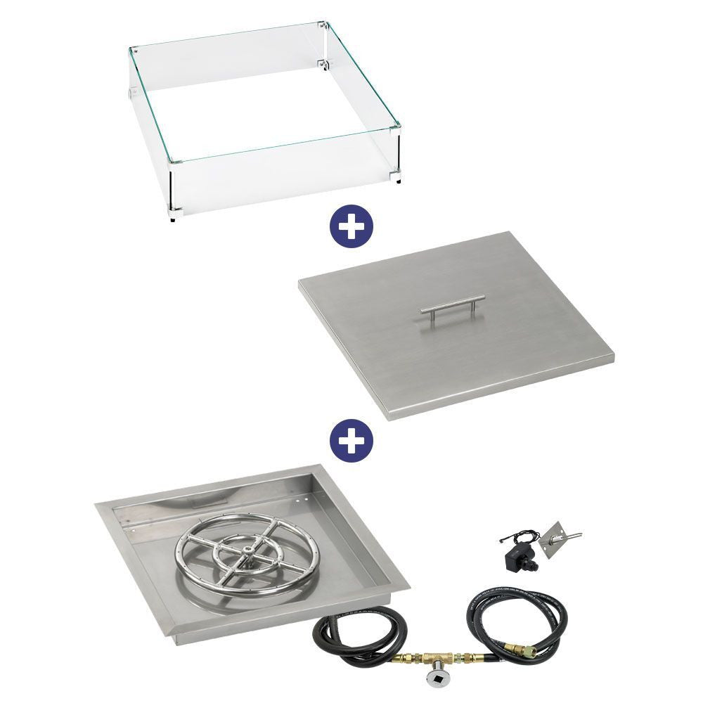 American Fire Glass 18" Square Drop-In Pan with Spark Ignition Kit (12" Fire Pit Ring) - Bundle