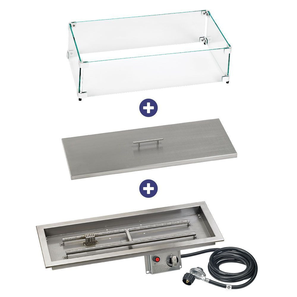 American Fire Glass 30" x 10" Rectangular Stainless Steel Drop-in Fire Pit Pan With Electric Ignition System kit, CSA Certified - Bundle