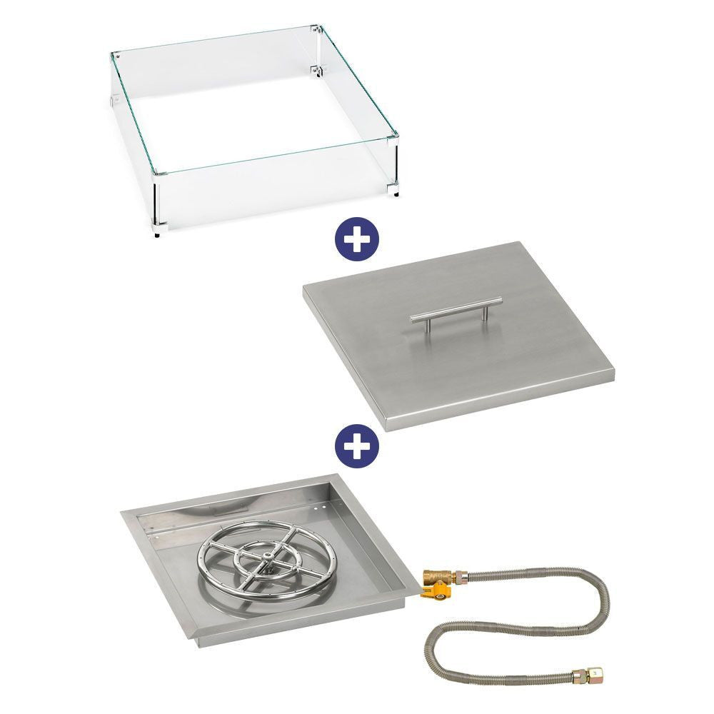 American Fire Glass 18" Square Drop-In Pan with Match Light Kit (12" Fire Pit Ring) - Bundle
