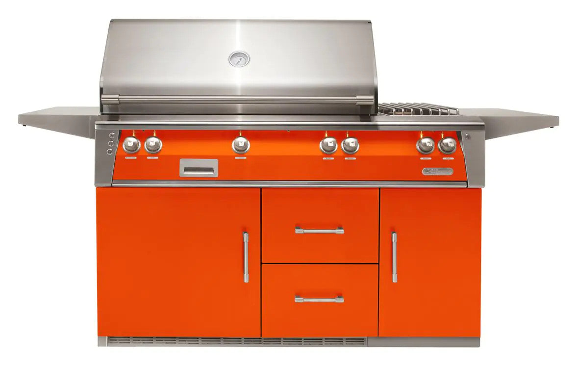 Alfresco 56'' Sear Zone Grill On Refrigerated Base Dbl Side Burner - Luminous Orange-Gloss