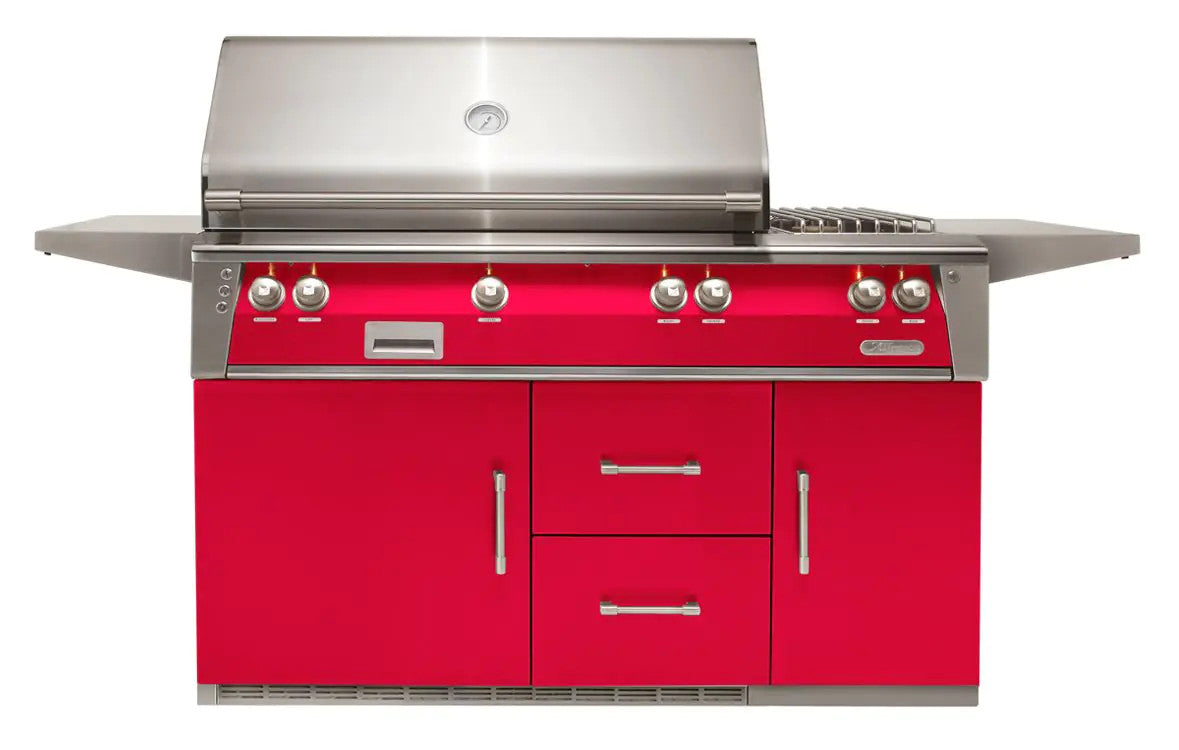 Alfresco 56'' Sear Zone Grill On Refrigerated Base Dbl Side Burner - Raspberry Red-Gloss