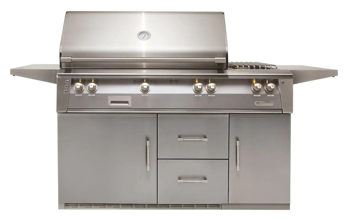 Alfresco 56'' Sear Zone Grill On Refrigerated Base Dbl Side Burner - Signal Grey-Gloss