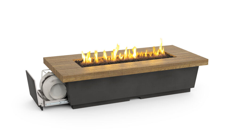 American Fyre Designs - Reclaimed Wood Contempo LP Select Long - Lounge Height Firetable - French Barrel Oak