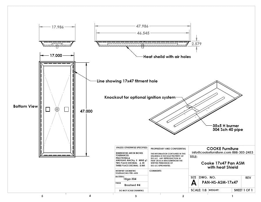 COOKE 47" x 17" Rectangular Fire Pit Kit w/ Optional Lid