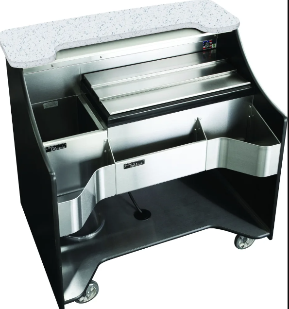 46 Inch Tobin Ellis Mobile Bar with White Quartz Bar Top, Ice Melt Drainage, LED Lighting, and Locking Casters - RMB-004