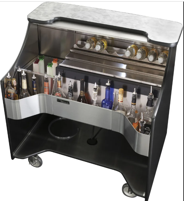 46 Inch Tobin Ellis Mobile Bar with White Quartz Bar Top, Ice Melt Drainage, LED Lighting, and Locking Casters - RMB-004
