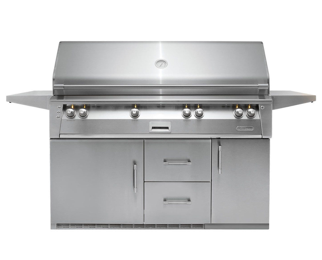 Alfresco - 56" ALXE Luxury Grill - On Refrigerated Cart - Burner, Rotis, Smoker, SearZone™, 1 Door + 2 Drawers Refrigerated, Single Storage Door