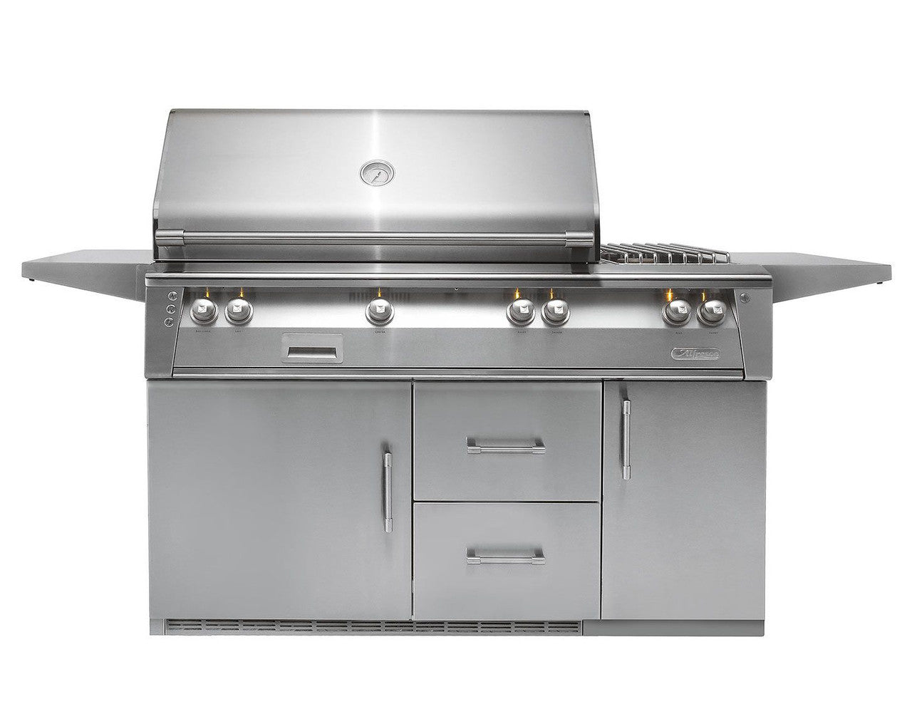 Alfresco - 56" ALXE Luxury Grill - On Refrigerated Cart - 3 Burner, Rotis, Smoker, 1 Door + 2 Drawers Refrigerated