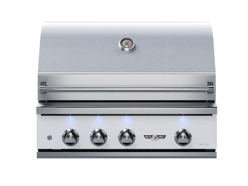 Delta Heat 38-Inch 3-Burner Built-In Gas Grill with Sear Zone, Infrared Rear Burner, & Rotisserie Kit - White Control Panel