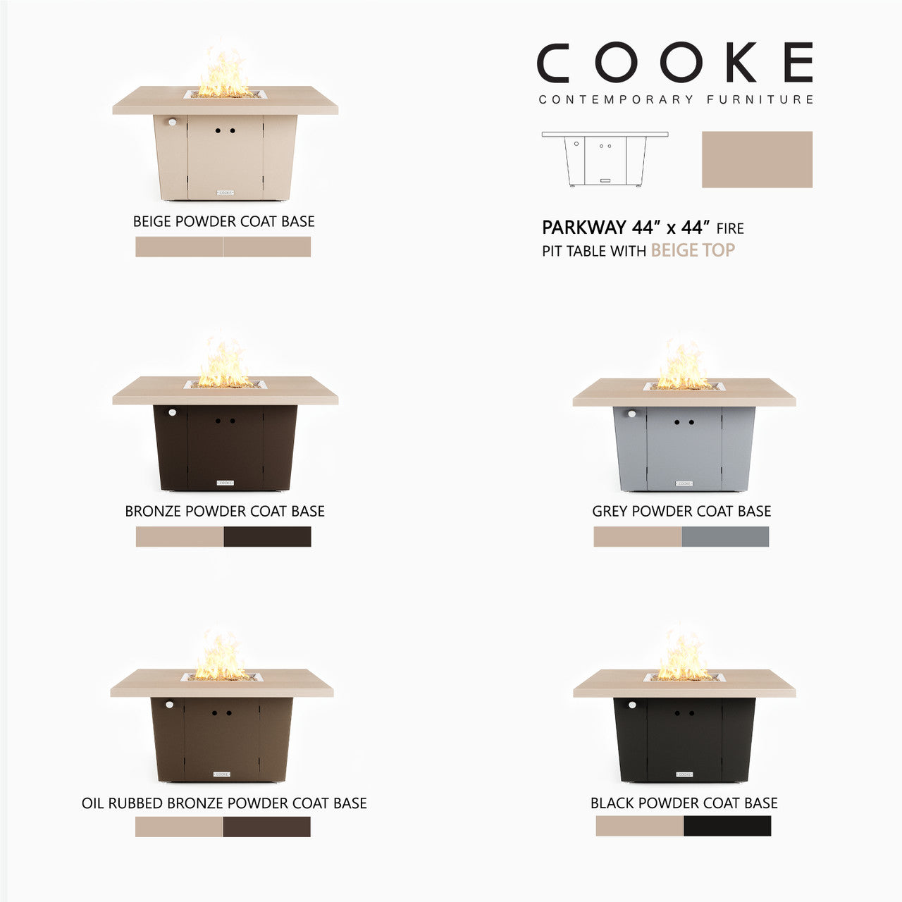 COOKE Parkway Fire Pit Table 44" x 44" x 21" - Aluminum Top
