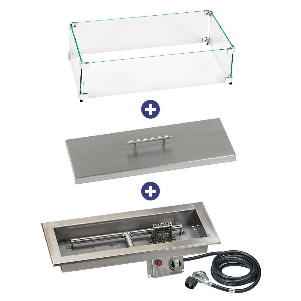 American Fire Glass 18" x 6" Rectangular Stainless Steel Drop-in Fire Pit Pan With Electric Ignition System kit, CSA Certified - Bundle