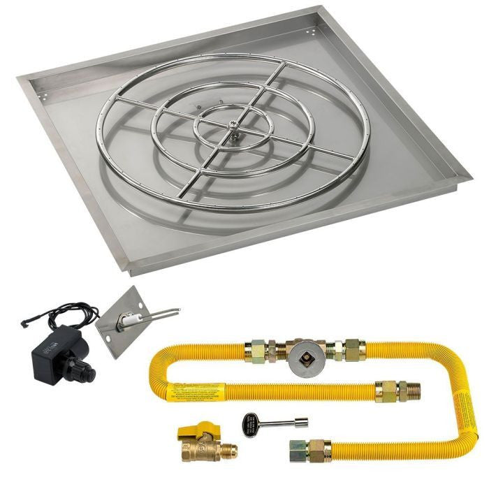 American Fire Glass 36" Square Stainless Steel Drop-In Pan with Spark Ignition Kit (24" Fire Pit Ring) - Natural Gas