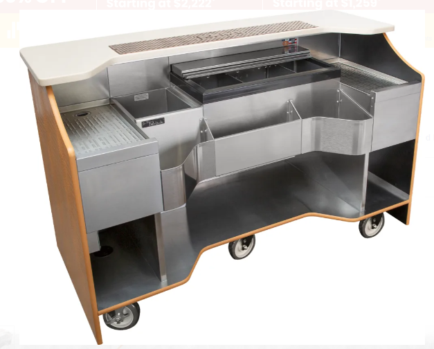 70 Inch Tobin Ellis Limited Edition Mobile Bar with Eco-Friendly Recycled Leather, Vanilla Sugar Bar Top, LED Lighting, and Locking Casters - RMB-001