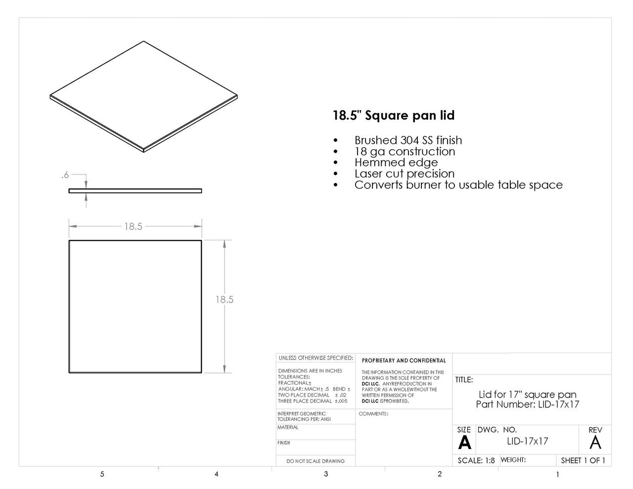 COOKE Fire Pit Lid 17" x 17" Square - Stainless Steel