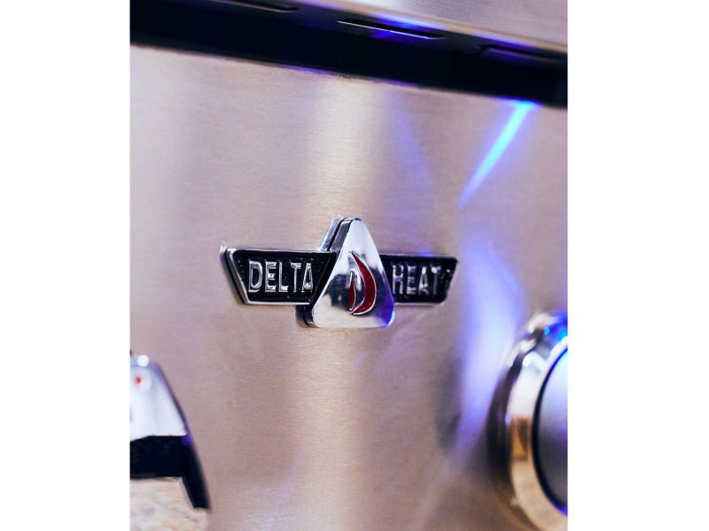 Delta Heat 32-Inch 3-Burner Built-In Gas Grill with Sear Zone, Infrared Rear Burner, & Rotisserie Kit - White Control Panel