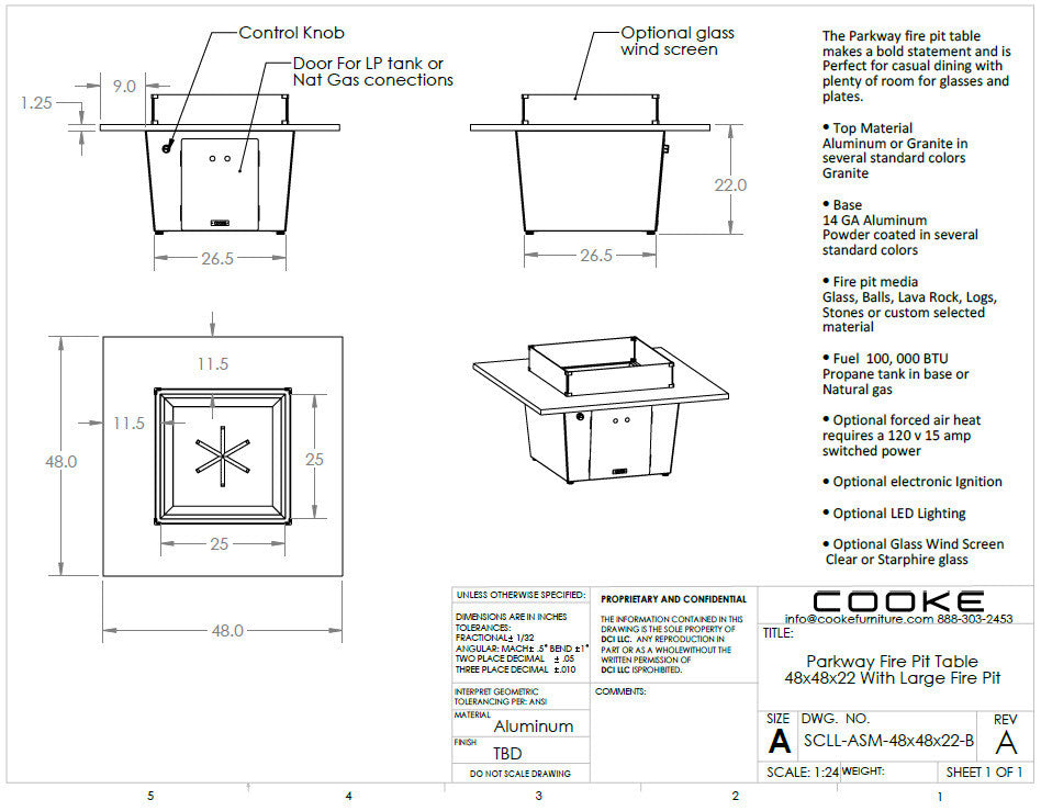 Parkway Fire Pit Table specs sheets
