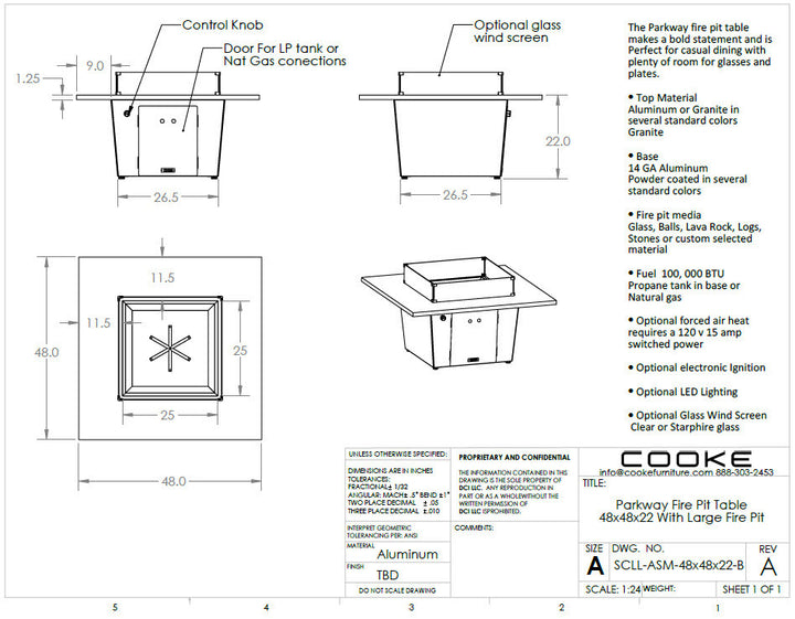 Parkway Fire Pit Table specs sheets